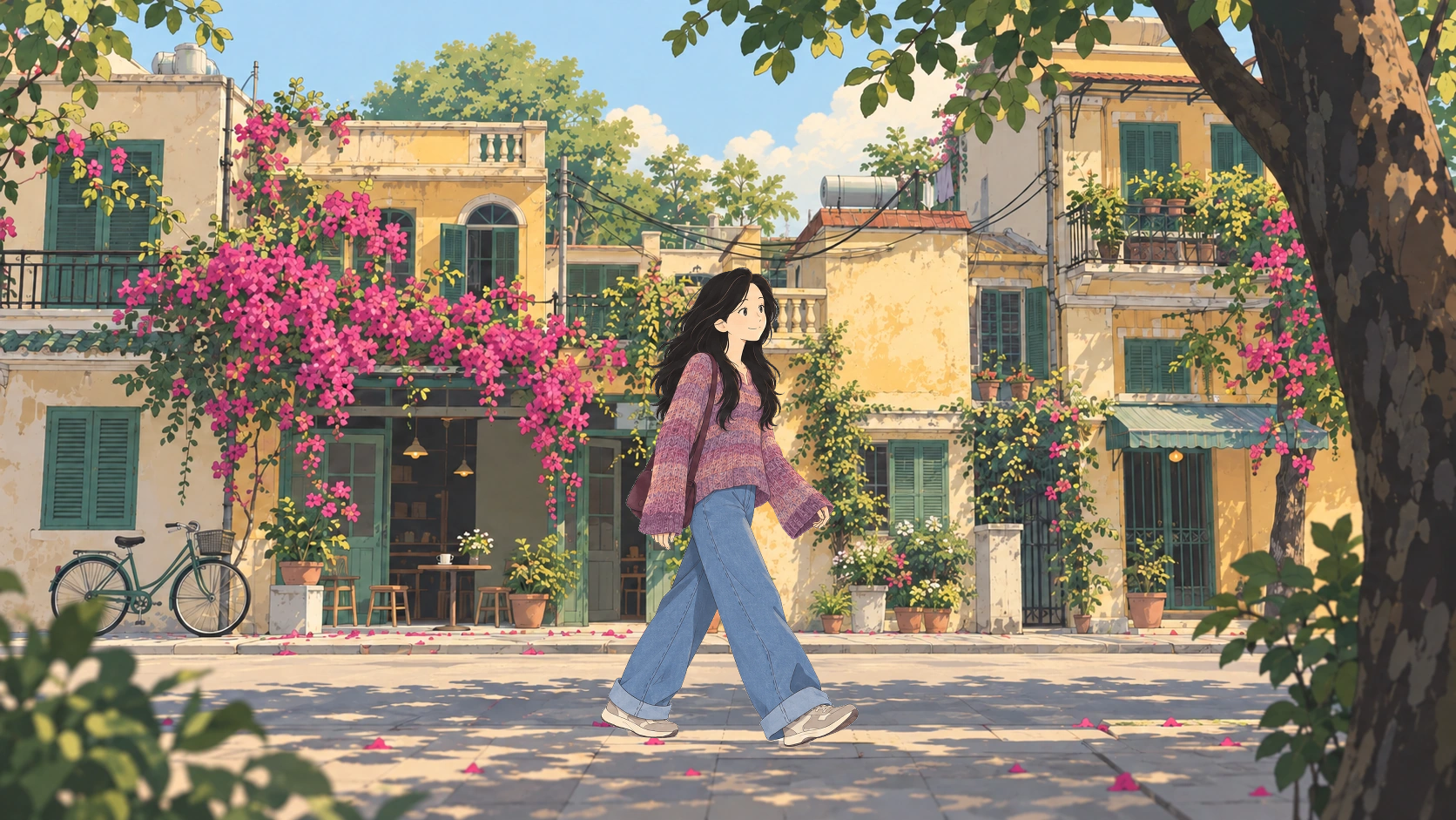 Mai Linh on a sunny Hanoi street framed by foliage.